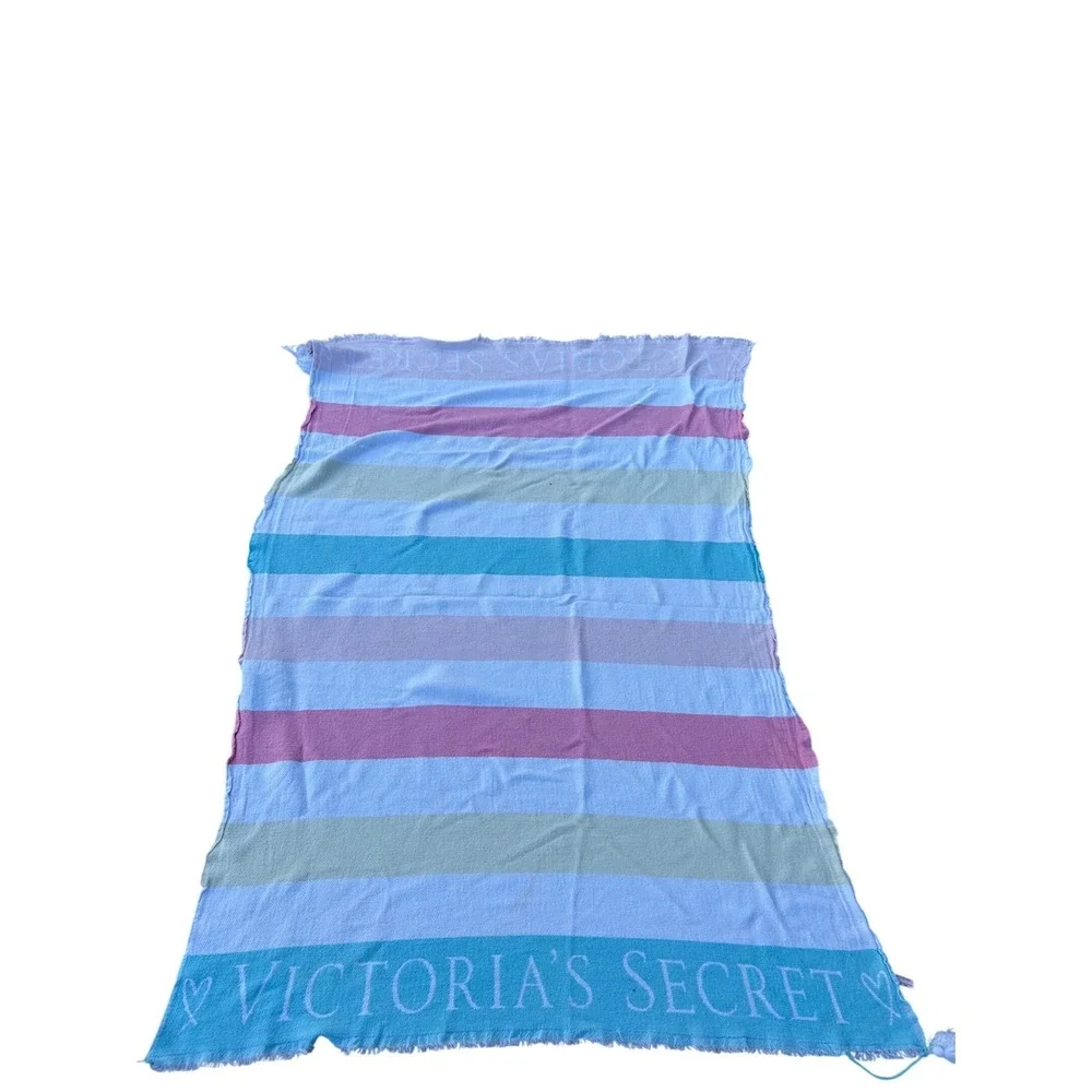 Victoria's Secret Beach Towel Sarong OS Blue Striped Cotton Tassel Women